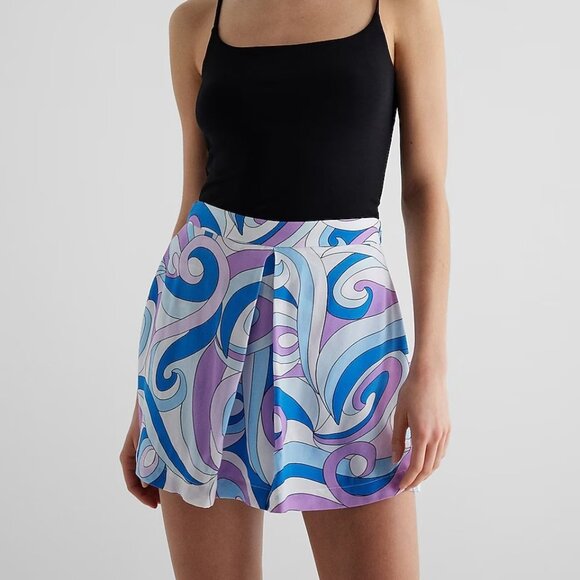 Size 2 Express Dressy Super High Waisted Printed Mini Skort White, Blue Purple - Picture 2 of 6
